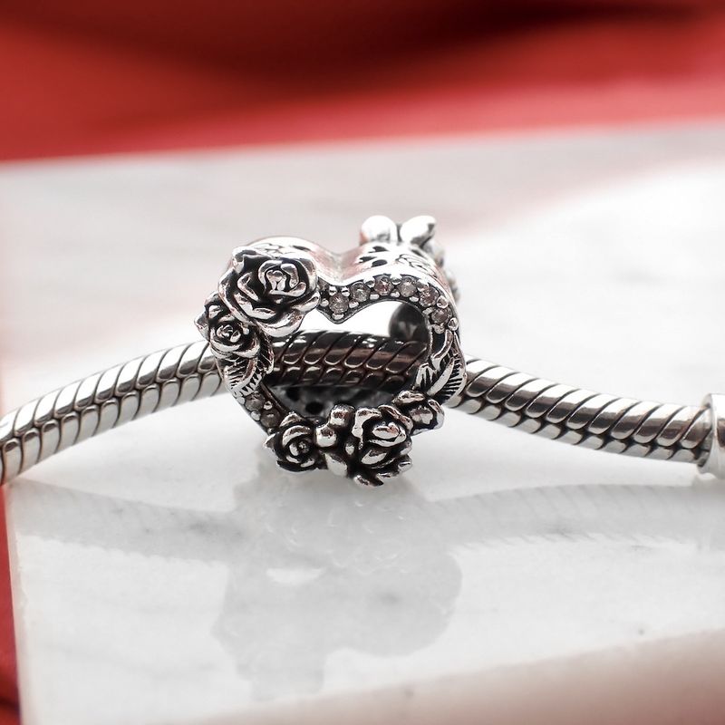 Image 2 of Pandora Charm; Silver; Open Heart and Rose Charm