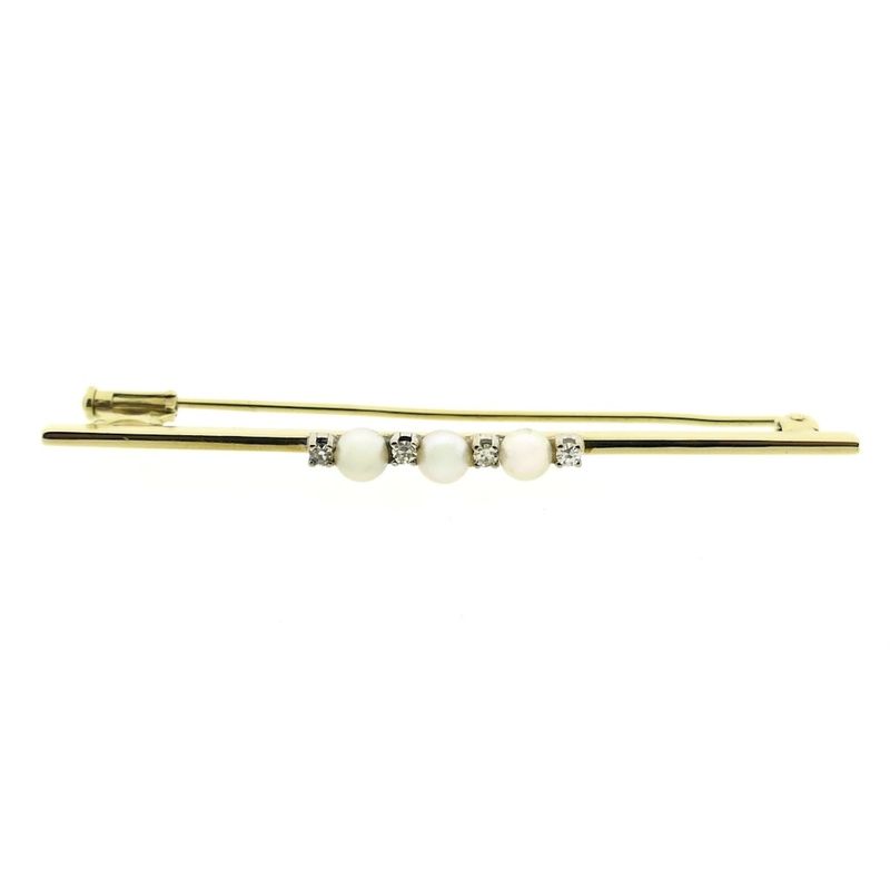Image 3 of Golden long narrow brooch with pearl and diamonds; 0.10 ct.