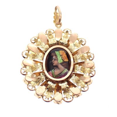 Image 1 of Vintage two-tone gold pendant with enamel portrait