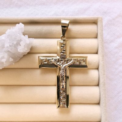 Image 2 of Two-tone gold pendant of a large cross with corpus INRI.