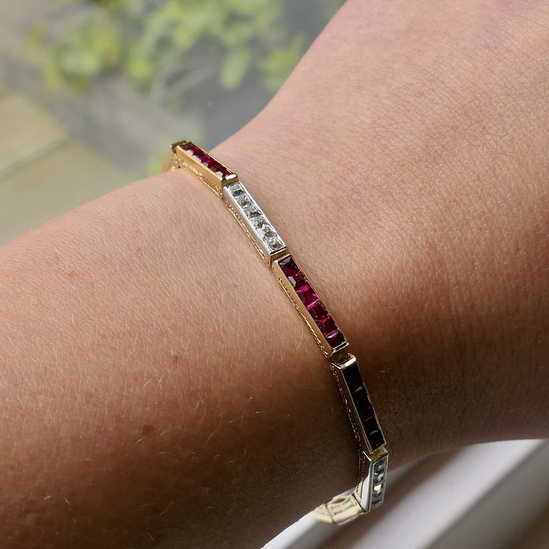 Image 13 of Gold bar link bracelet with rubies and diamonds