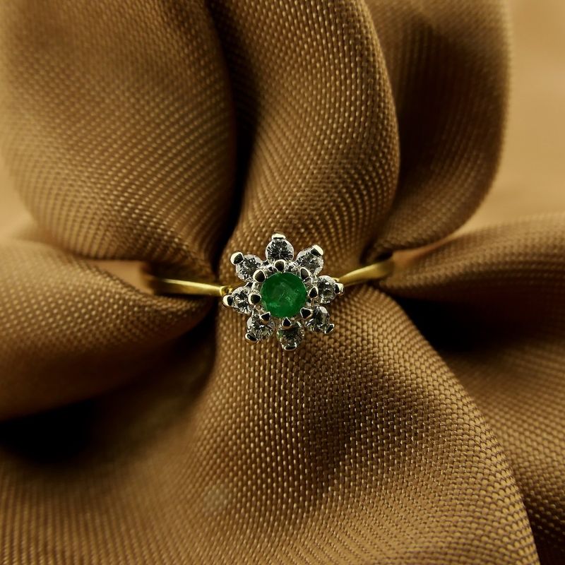 Image 2 of Gold subtle entourage ring with 0.08 ct. diamond & emerald