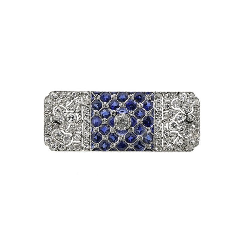 Image 1 of Platinum brooch with sapphire and diamond approx. 1.70 ct.