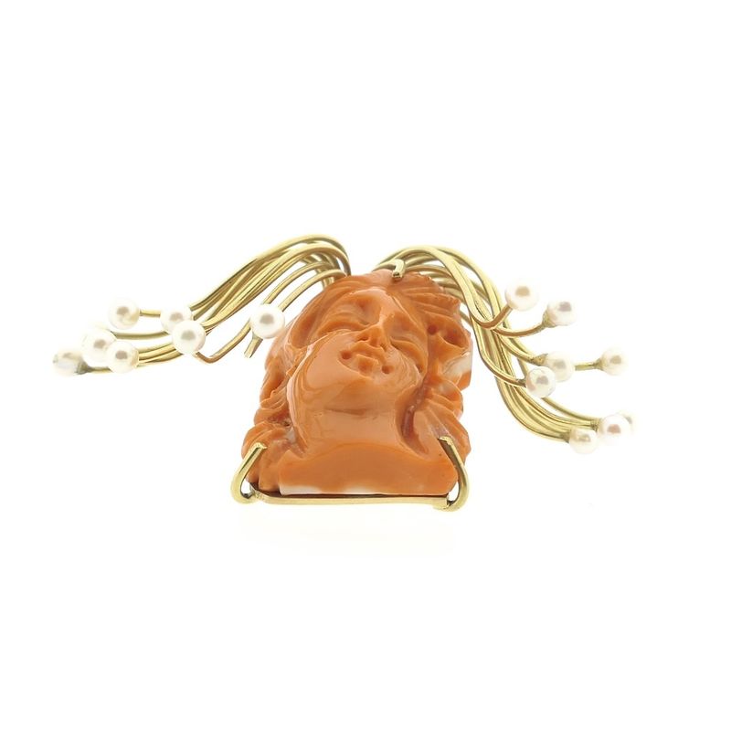Image 6 of Golden Medusa pendant in blood coral and pearls