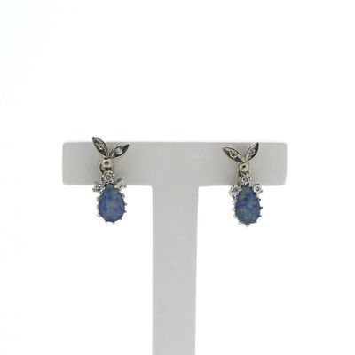 Image 1 of White gold stud earrings with diamonds and triplet opal