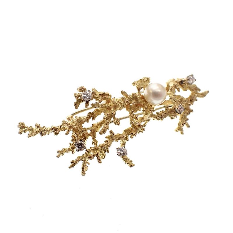 Image 6 of Antique gold brooch with a coral branch, pearl and diamonds 0.35 ct.
