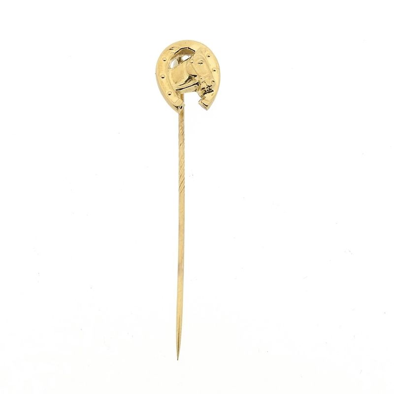 Image 1 of Gold lapel pin; Horse and horseshoe