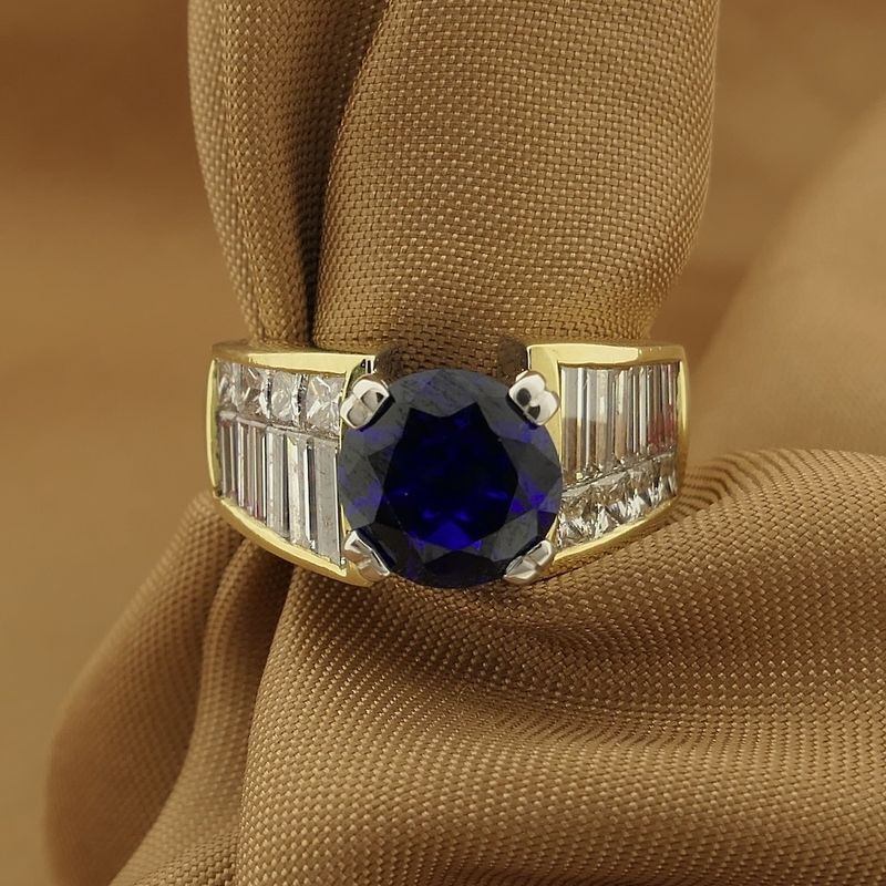 Image 2 of Gold entourage ring with synthetic sapphire and diamonds