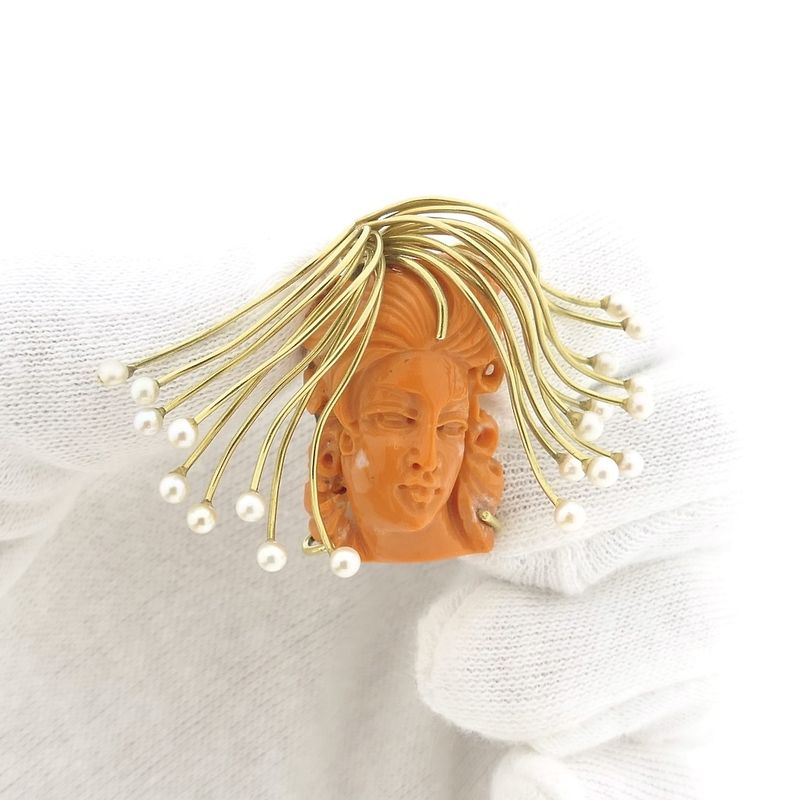 Image 9 of Golden Medusa pendant in blood coral and pearls