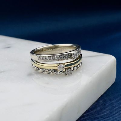 Image 2 of Bicolor Gold and Silver Ring with Zirconia; 14 Karat; Size 18