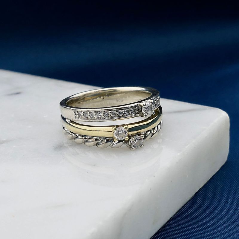 Image 2 of Bicolor Gold and Silver Ring with Zirconia; 14 Karat; Size 18