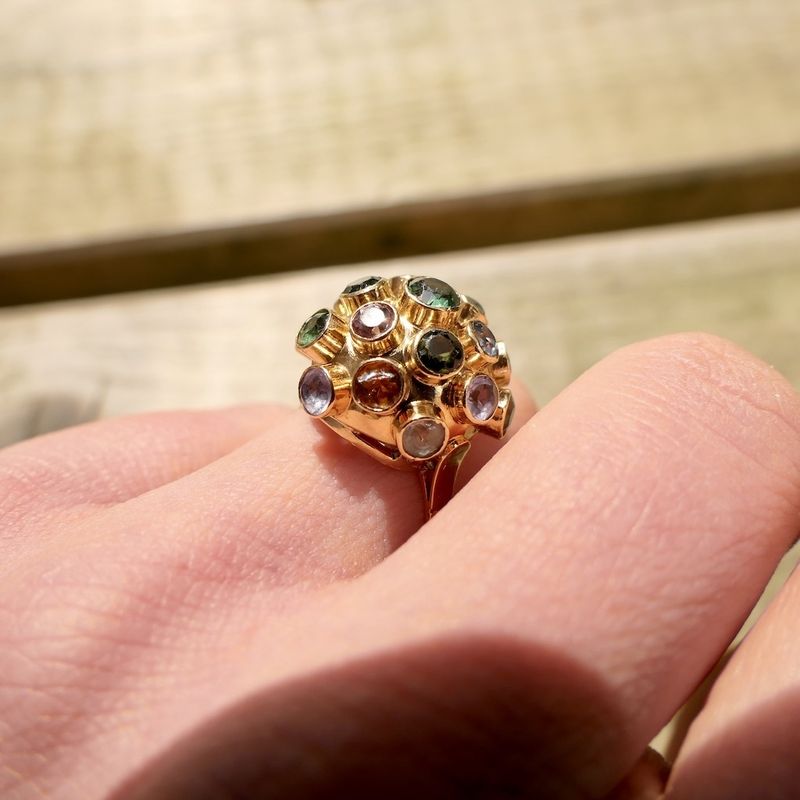 Image 8 of 18 carat gold Sputnik ring with colored stones