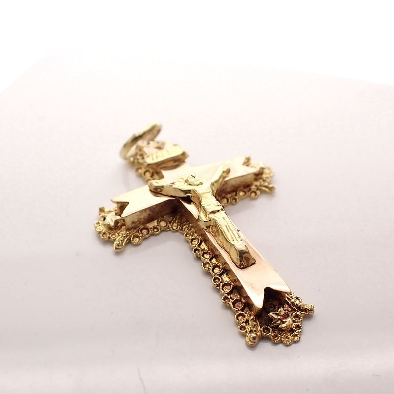 Image 2 of 19th century gold pendant of a cross with corpus INRI; Filigree