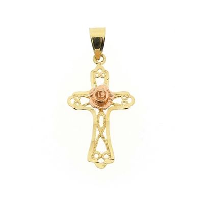Image 1 of Two-tone gold pendant of a cross with a rose