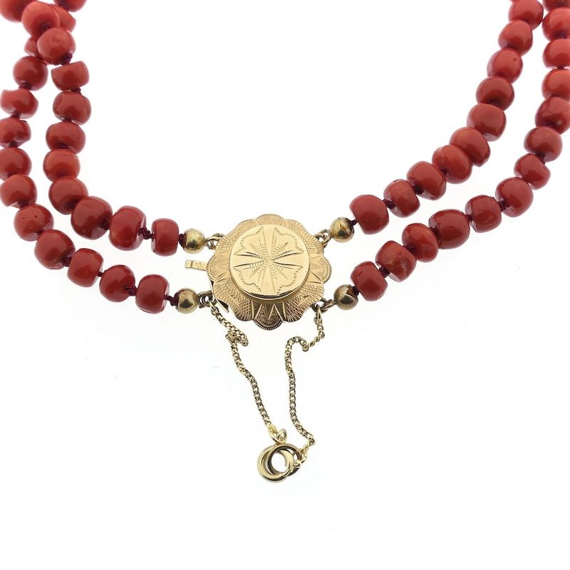 Image 5 of Antique blood coral bead necklace with gold clasp.