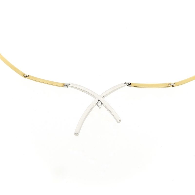 Image 4 of Two-tone gold bar necklace with a fixed pendant and diamond