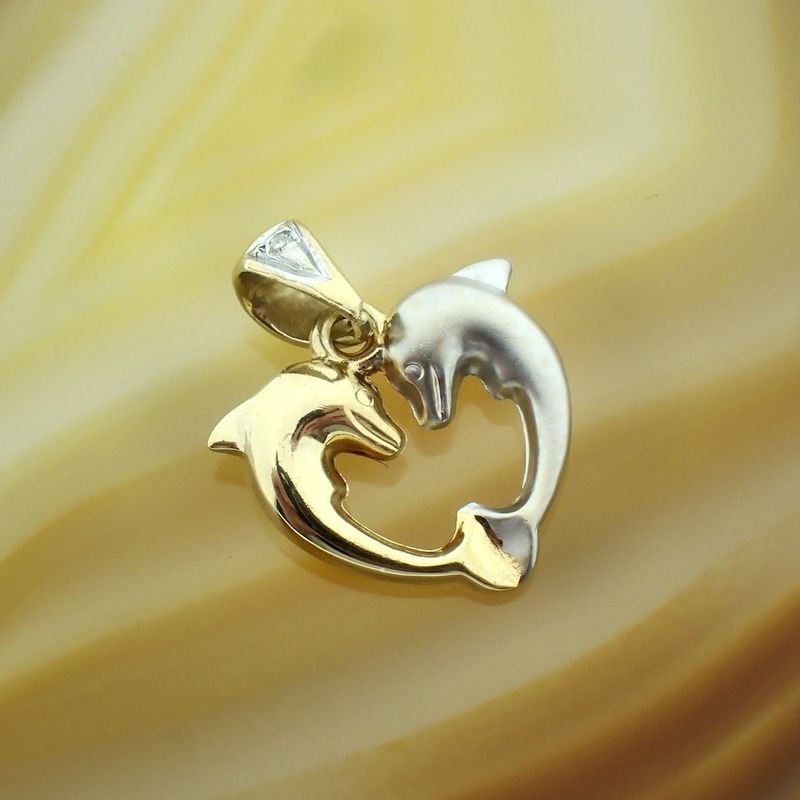 Image 4 of Two-tone gold pendant of two dolphins with diamond | 0.005 ct.