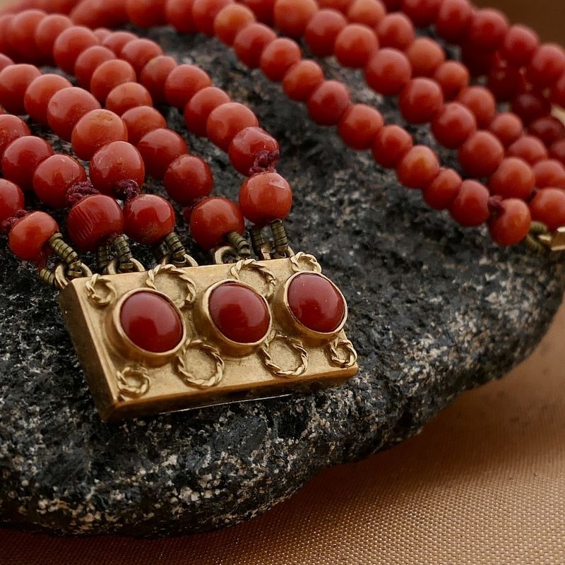 Image 3 of Antique red coral beaded bracelet with gold clasp.