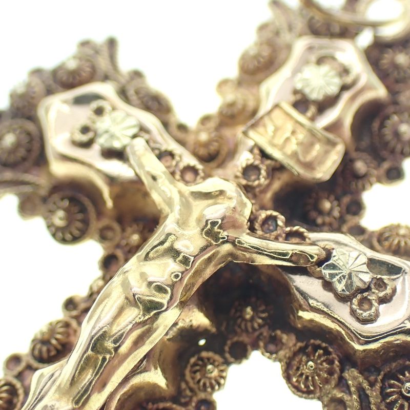Image 2 of 19th century gold pendant of a cross with corpus INRI; Filigree