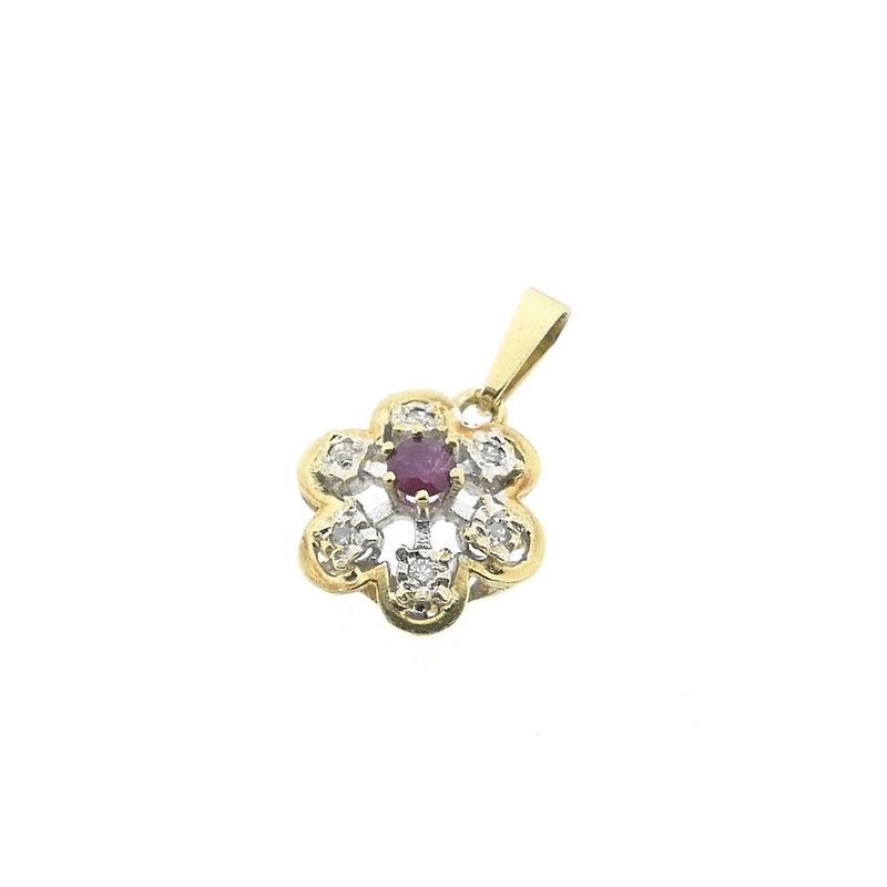 Image 11 of Two-tone gold flower pendant with ruby ​​and diamond | 0.06 ct.