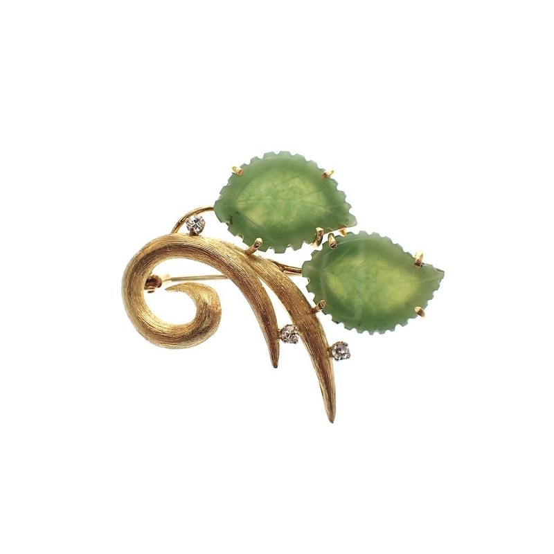 Image 1 of Vintage gold floral brooch with jade and diamond