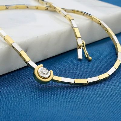 Image 2 of Bicolor Gold Bar Link Necklace with 0.25 ct Diamond; 18K; 46 cm