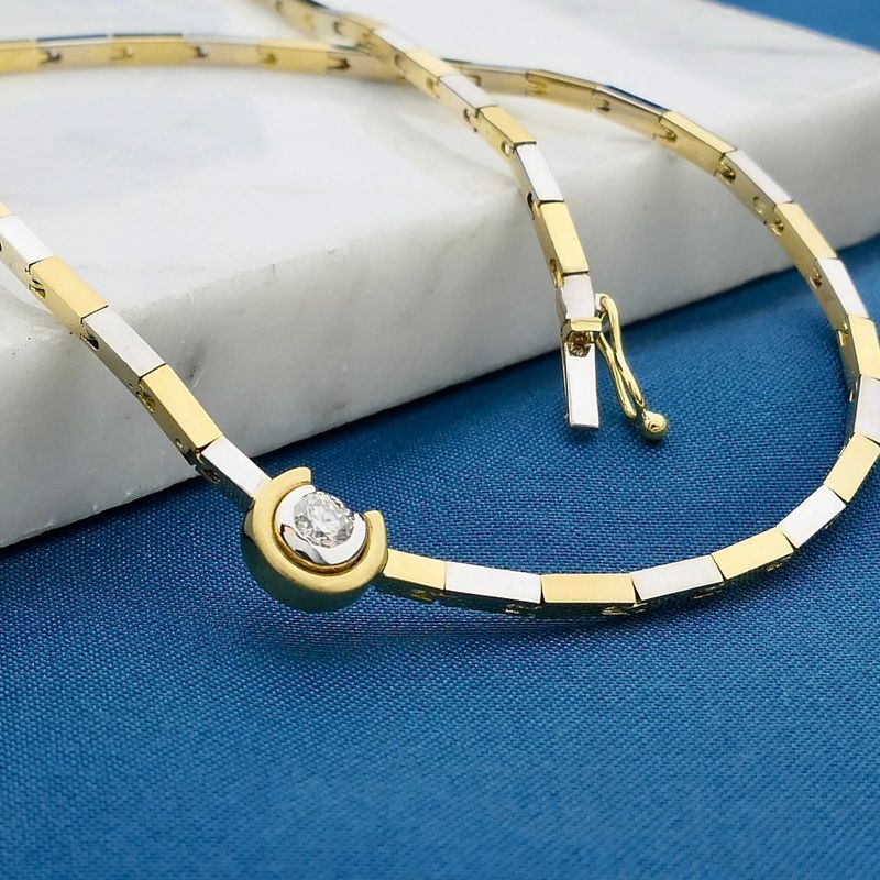 Image 2 of Bicolor Gold Bar Link Necklace with 0.25 ct Diamond; 18K; 46 cm