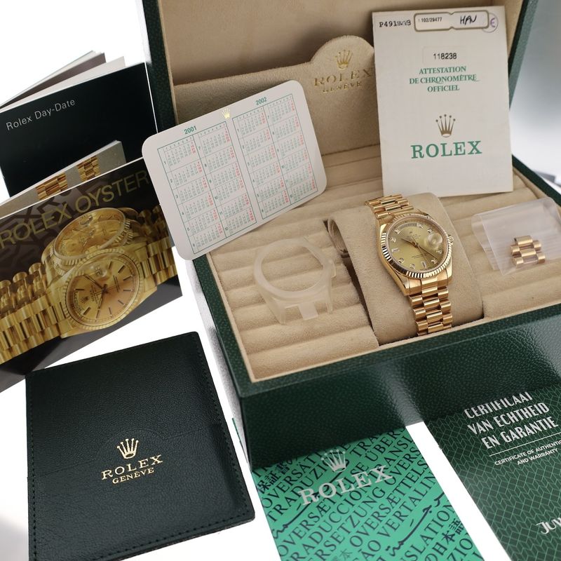 Image 25 of Rolex Day-Date 36mm 'Diamond Dial' 118238; 18k. Gold watch in full set