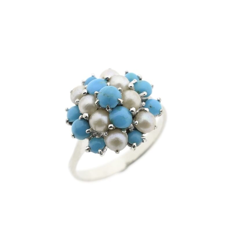 Image 1 of White gold entourage ring with baroque pearl and turquoise