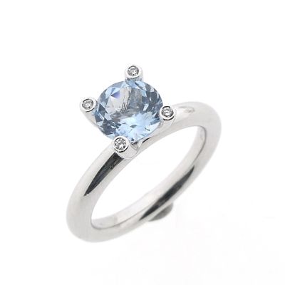 White gold 'Phlox' ring set with aquamarine and diamond; 0.04 ct. | Bron Jewelry Image 1 of White gold 'Phlox' ring set with aquamarine and diamond; 0.04 ct. | Bron Jewelry