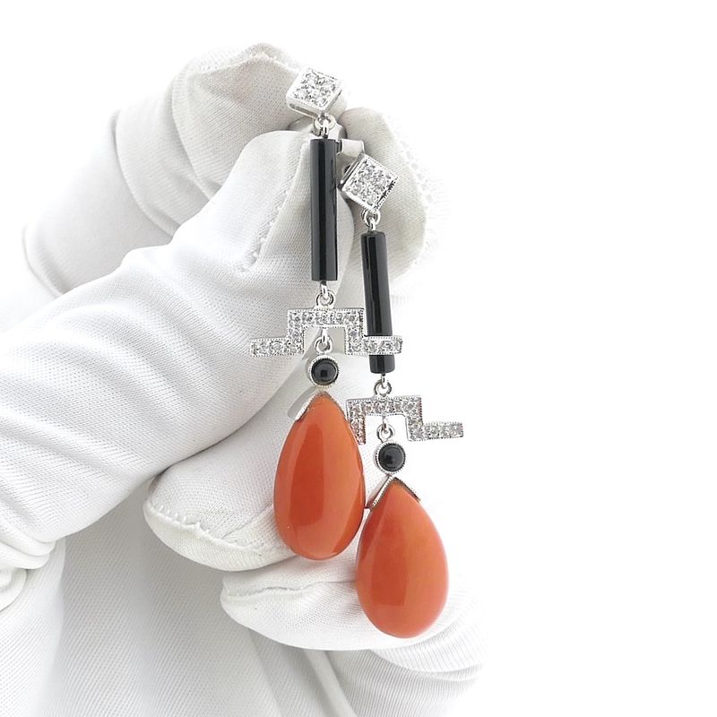 Image 2 of White gold stud earrings with onyx, blood coral and diamond 0.17 ct.