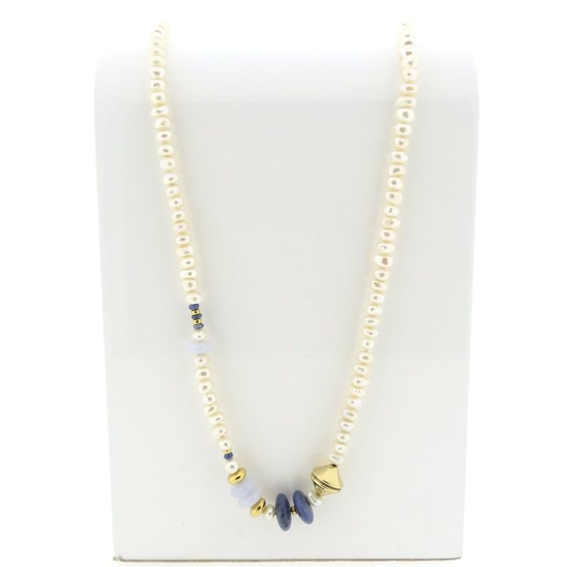 Image 1 of Gold baroque pearl necklace with chalcedony and sodalite; Schoeffel