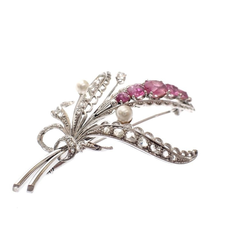 Image 1 of White gold floral brooch set with spinel, pearl and diamond 0.57 ct.