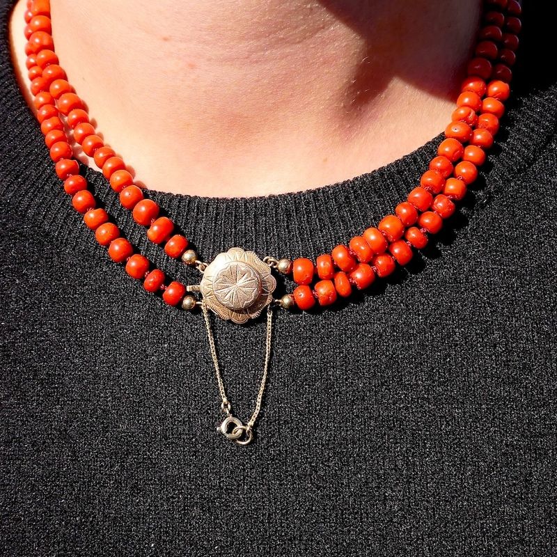 Image 11 of Antique blood coral bead necklace with gold clasp.