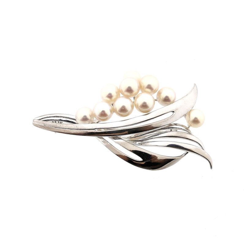 Image 1 of 14K Vintage White Gold Brooch with Cultured Pearls