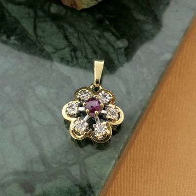 Two-tone gold flower pendant with ruby and diamond | 0.06 ct. Image 2 of Two-tone gold flower pendant with ruby and diamond | 0.06 ct.