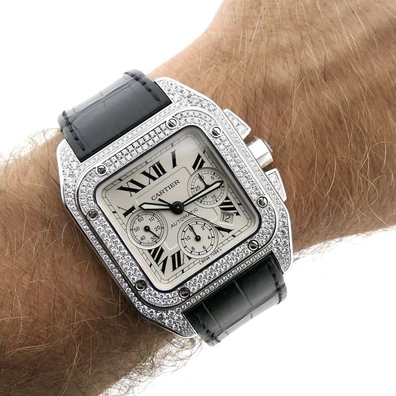 Image 23 of Cartier Santos 100 XL Chronograph 'Factory-Set' Diamonds 2891; 18k white gold watch with diamonds