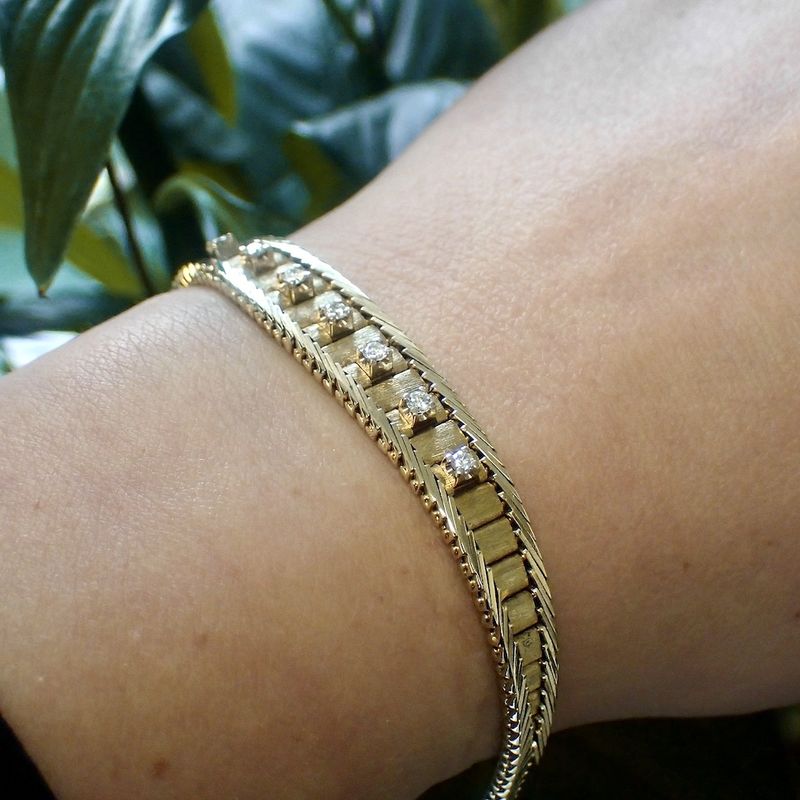 Image 11 of Gold herringbone link bracelet with diamonds; 0.28 ct.