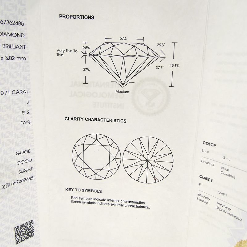 Image 6 of 0.71 ct. Brilliant cut diamond; Color J; Quality SI2 + IGI Certificate