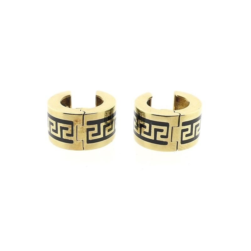 Image 10 of Gold hinged hoop earrings with a meandering pattern in black enamel; Ø 15.2 mm