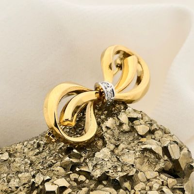 Image 2 of Bicolor Gold Bow Brooch with Diamond; 14 Karat