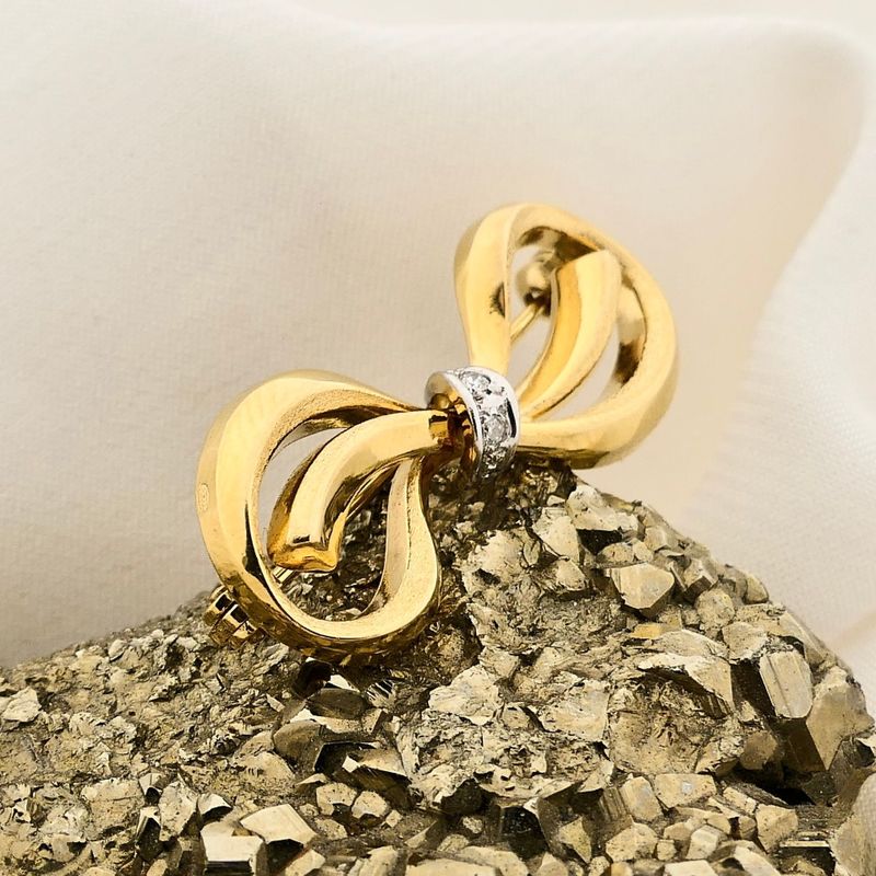 Image 2 of Bicolor Gold Bow Brooch with Diamond; 14 Karat