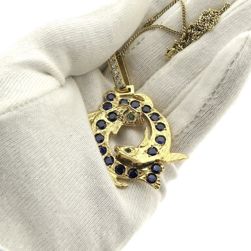Image 6 of Solid gold zodiac sign pendant with sapphire, emerald and diamonds; Pisces