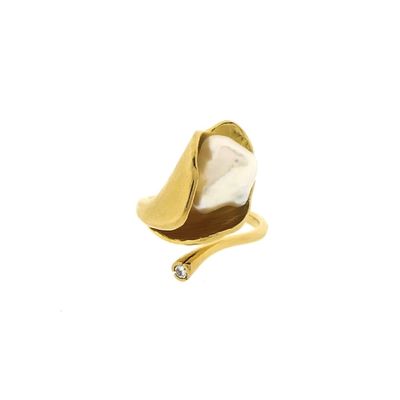 Image 2 of Gold cocktail ring with baroque pearl and diamond; 0.05 ct.