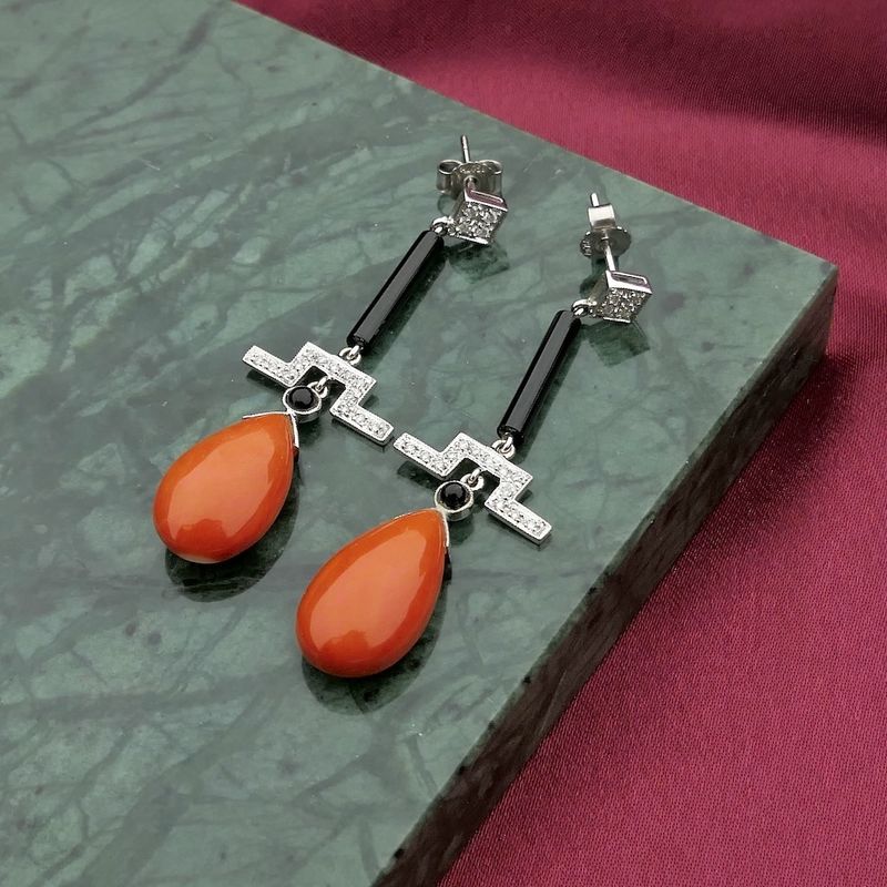 Image 3 of White gold stud earrings with onyx, blood coral and diamond 0.17 ct.