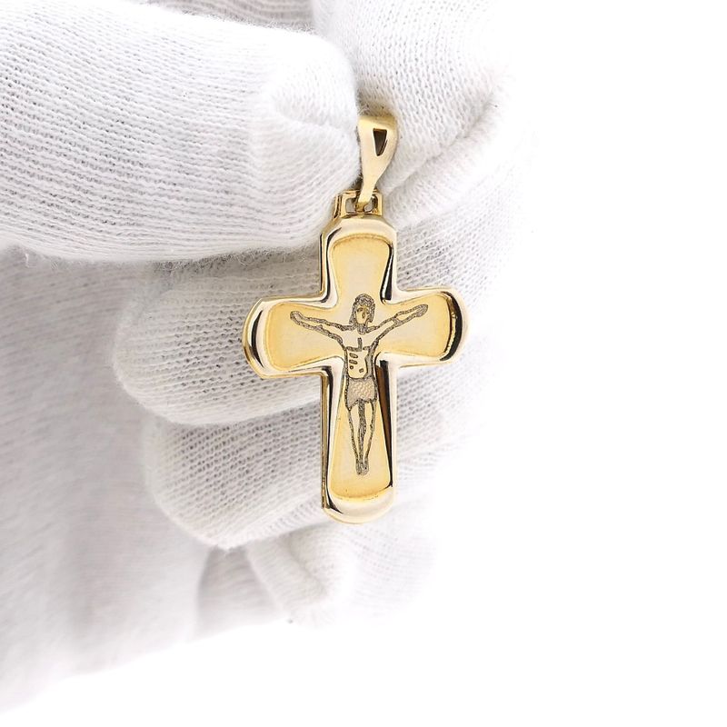 Image 11 of Bicolor Gold Cross Pendant with Engraved Corpus