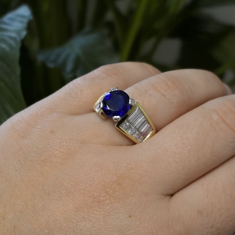 Image 11 of Gold entourage ring with synthetic sapphire and diamonds