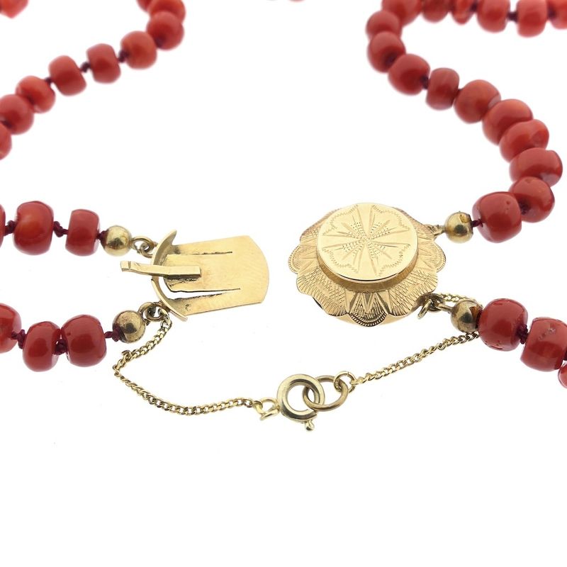Image 6 of Antique blood coral bead necklace with gold clasp.