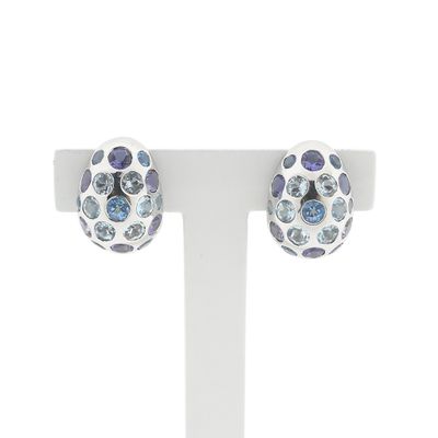 Image 2 of White gold domed stud earrings with aquamarine and amethyst