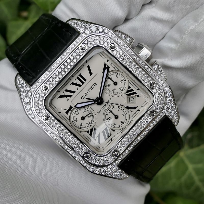 Image 27 of Cartier Santos 100 XL Chronograph 'Factory-Set' Diamonds 2891; 18k white gold watch with diamonds